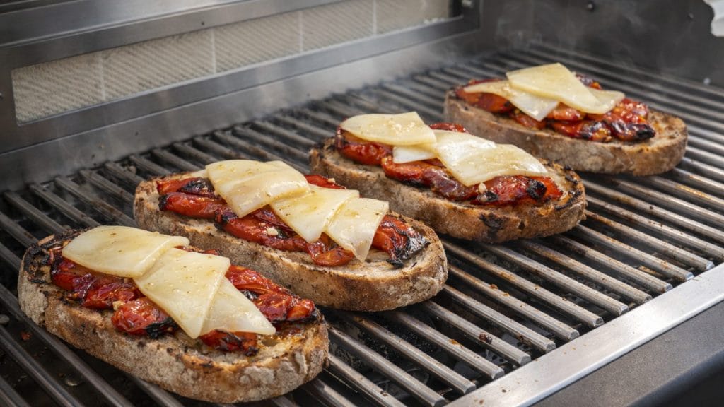 Tostas de pan con pimientos y queso